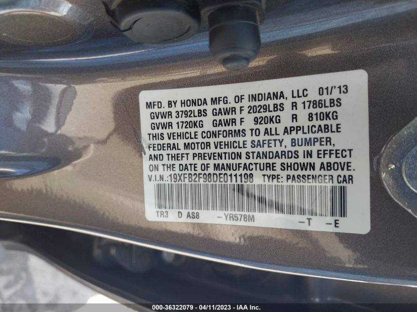 2013 HONDA CIVIC SDN EX-L - 19XFB2F98DE011198