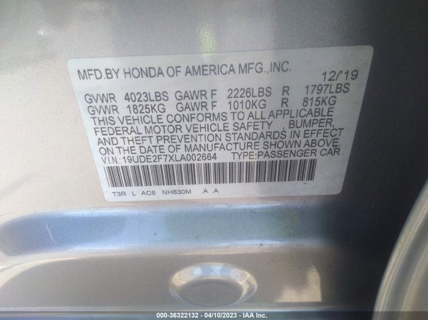 2020 ACURA ILX PKG - 19UDE2F7XLA002664