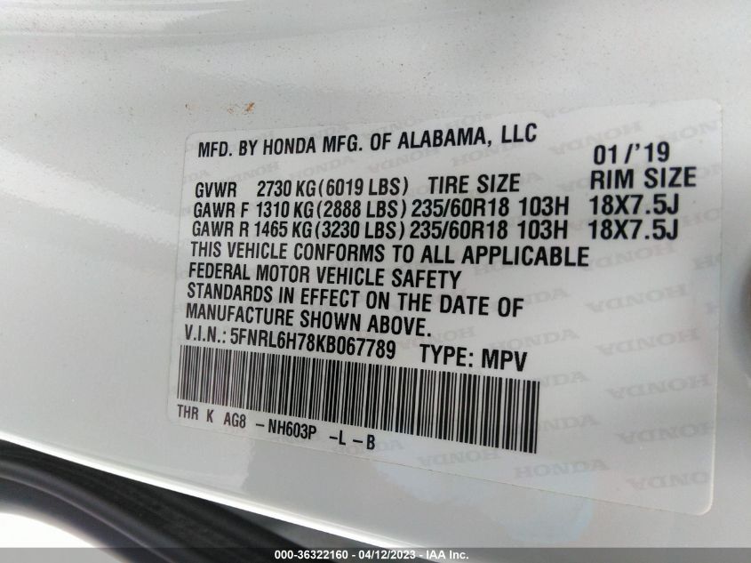 2019 HONDA ODYSSEY EX-L - 5FNRL6H78KB067789