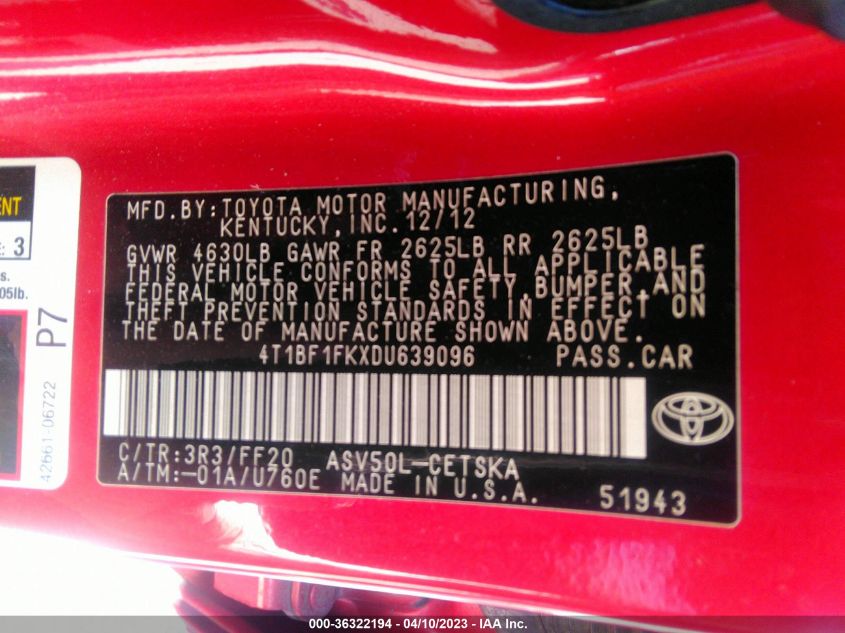 2013 TOYOTA CAMRY L/LE/SE/XLE - 4T1BF1FKXDU639096
