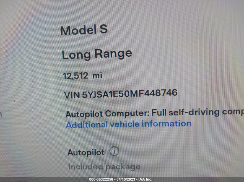 2021 TESLA MODEL S LONG RANGE - 5YJSA1E50MF448746