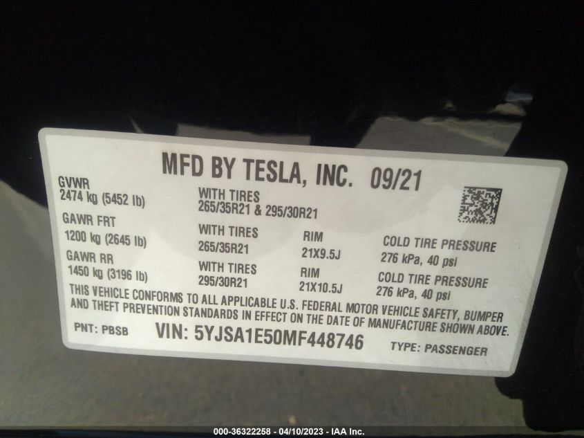 2021 TESLA MODEL S LONG RANGE - 5YJSA1E50MF448746