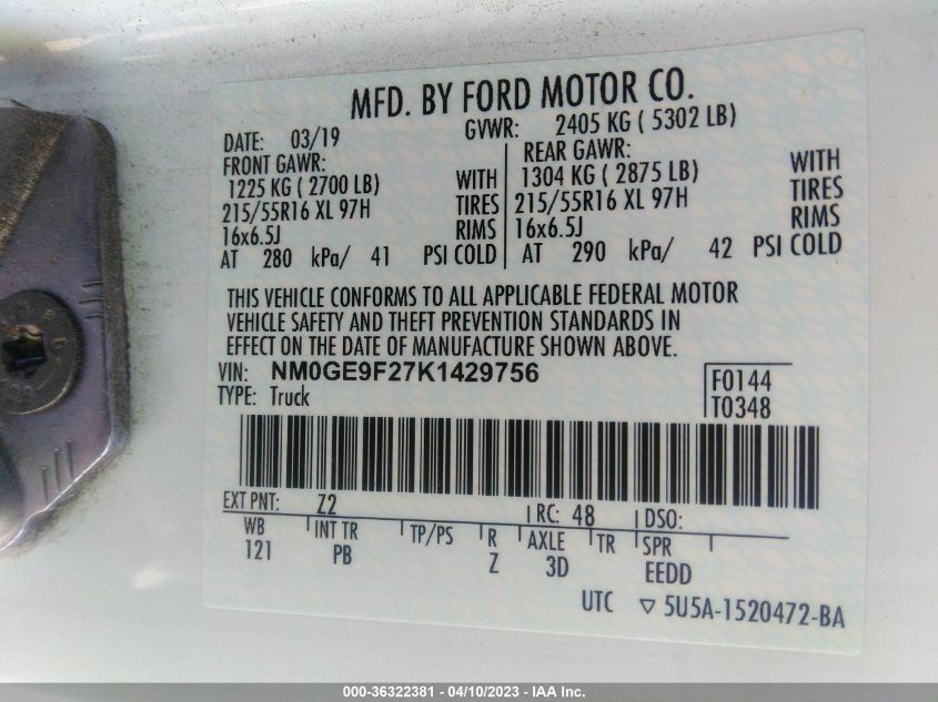 2019 FORD TRANSIT CONNECT WAGON XLT - NM0GE9F27K1429756