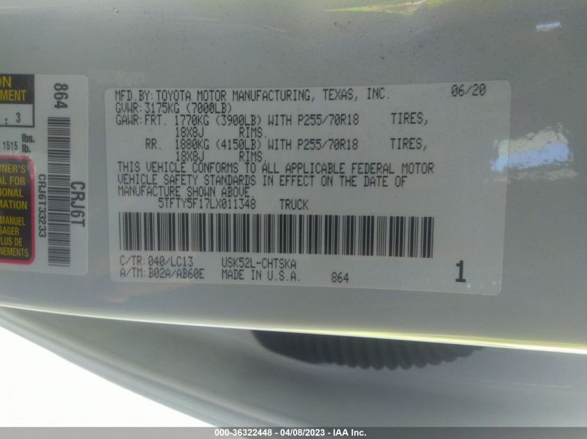 2020 TOYOTA TUNDRA 2WD SR/SR5 5TFTY5F17LX011348