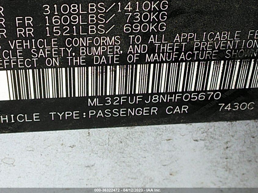 2022 MITSUBISHI MIRAGE G4 ES/LE/BLACK EDITION - ML32FUFJ8NHF05670