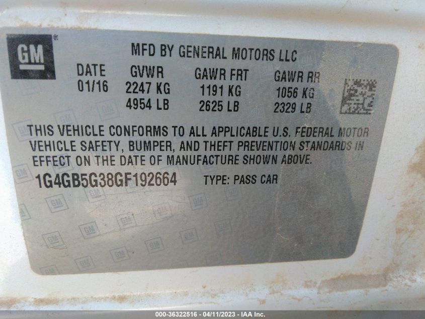 2016 BUICK LACROSSE LEATHER - 1G4GB5G38GF192664