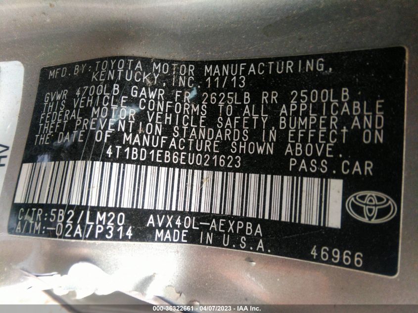 2014 TOYOTA AVALON HYBRID LIMITED 4T1BD1EB6EU021623