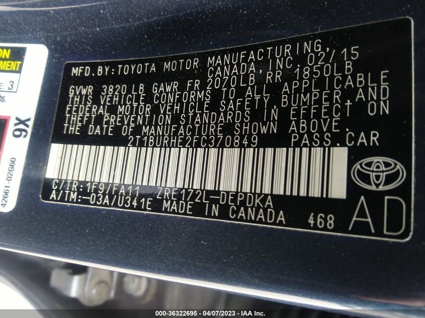 2015 TOYOTA COROLLA L/LE/S/S PLUS/LE PLUS - 2T1BURHE2FC370849