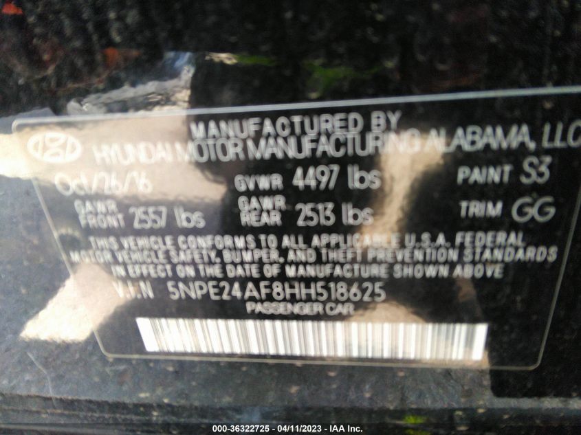 2017 HYUNDAI SONATA 2.4L - 5NPE24AF8HH518625