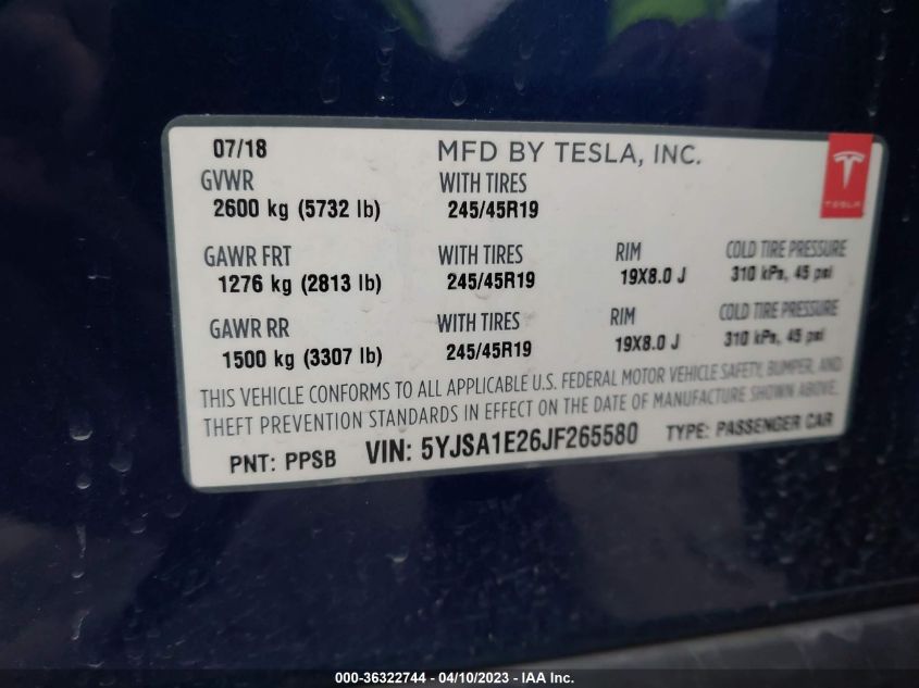 2018 TESLA MODEL S 75D/100D/P100D - 5YJSA1E26JF265580