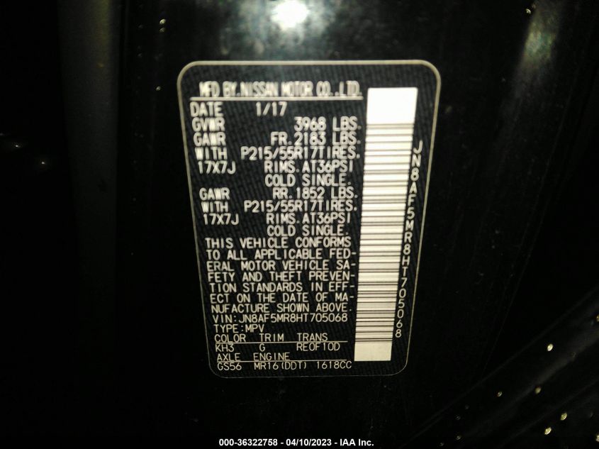 2017 NISSAN JUKE S - JN8AF5MR8HT705068
