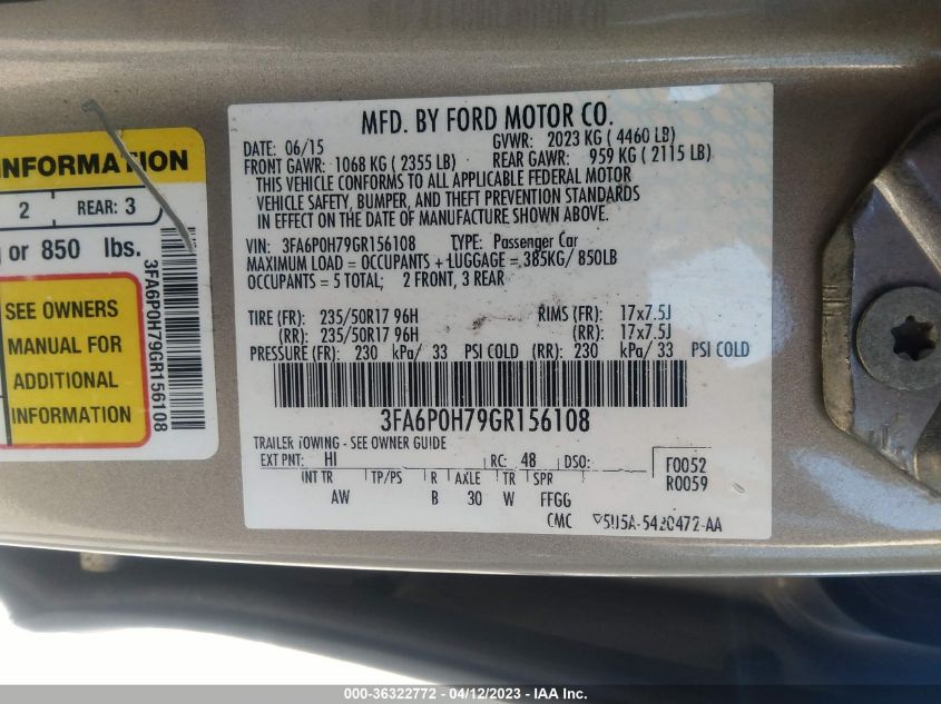 2016 FORD FUSION SE - 3FA6P0H79GR156108