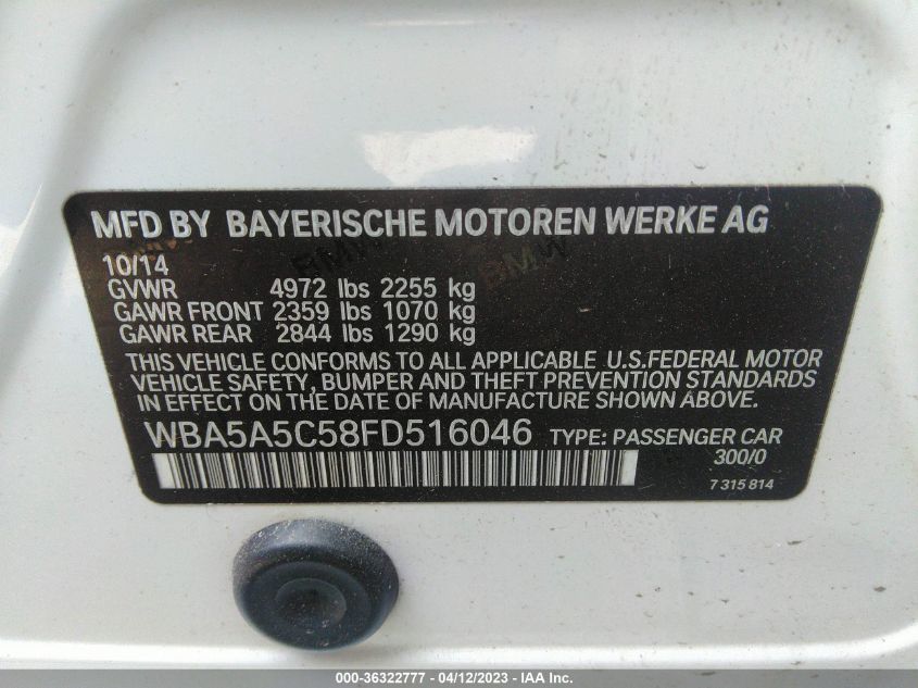 2015 BMW 5 SERIES 528I - WBA5A5C58FD516046