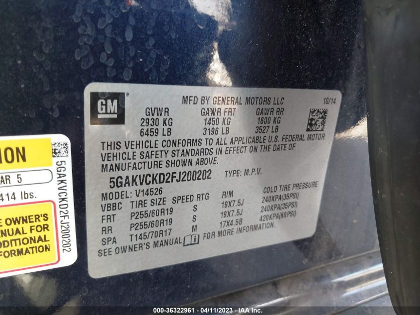 2015 BUICK ENCLAVE PREMIUM - 5GAKVCKD2FJ200202