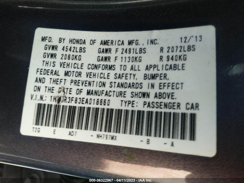 2014 HONDA ACCORD SEDAN EX-L - 1HGCR3F83EA018660