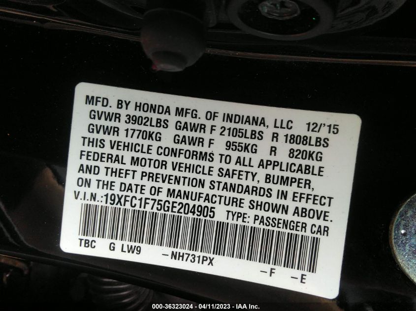 2016 HONDA CIVIC SEDAN EX-L - 19XFC1F75GE204905