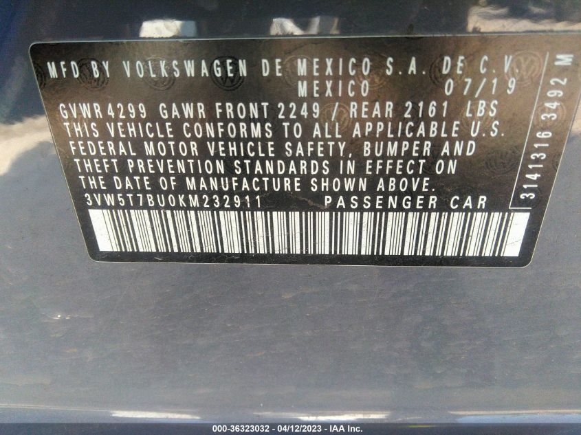 2019 VOLKSWAGEN JETTA GLI S 3VW5T7BU0KM232911