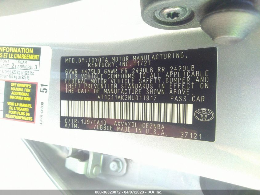2022 TOYOTA CAMRY LE - 4T1C11AK2NU011917