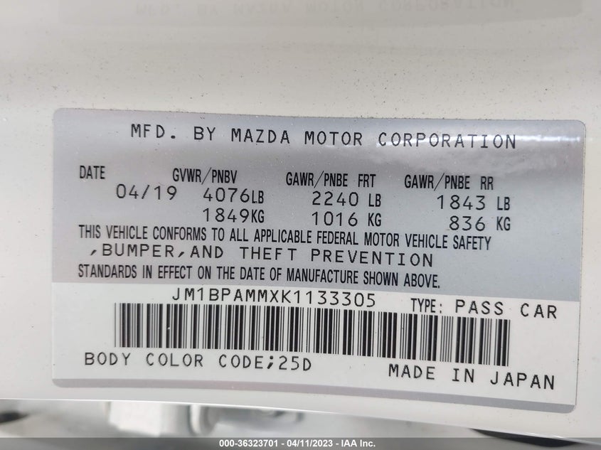 VIN JM1BPAMMXK1133305 2019 MAZDA MAZDA3 HATCHBACK W/PREFERRED PKG