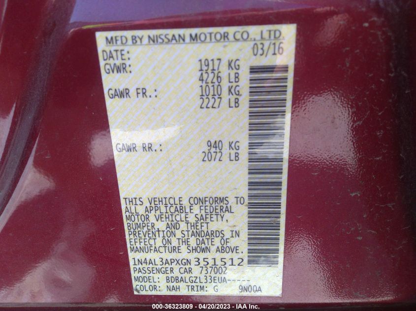 2016 NISSAN ALTIMA 2.5 - 1N4AL3APXGN351512
