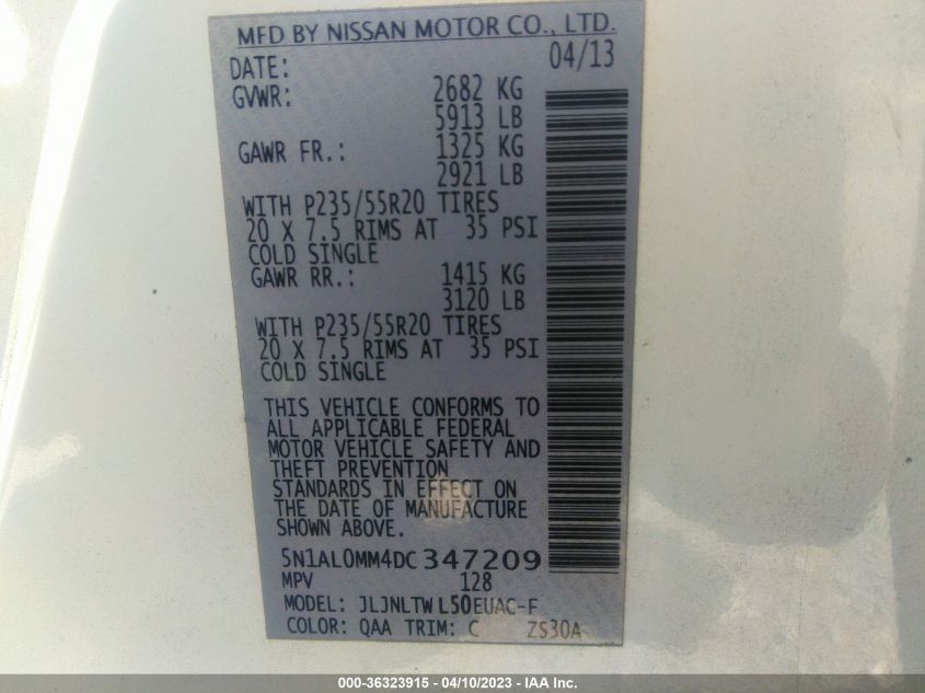2013 INFINITI JX - 5N1AL0MM4DC347209