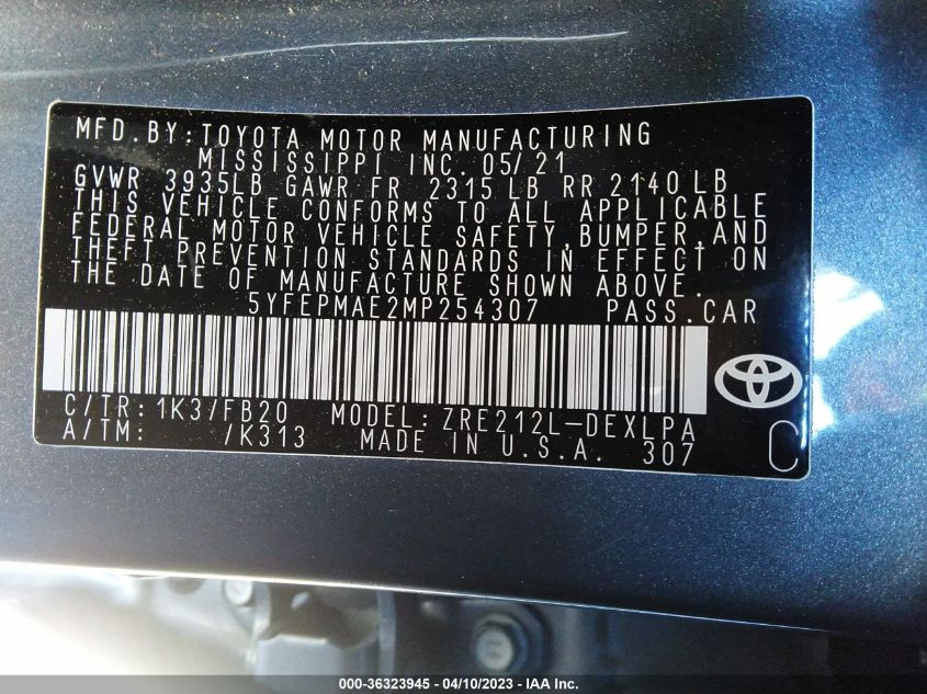 2021 TOYOTA COROLLA LE - 5YFEPMAE2MP254307