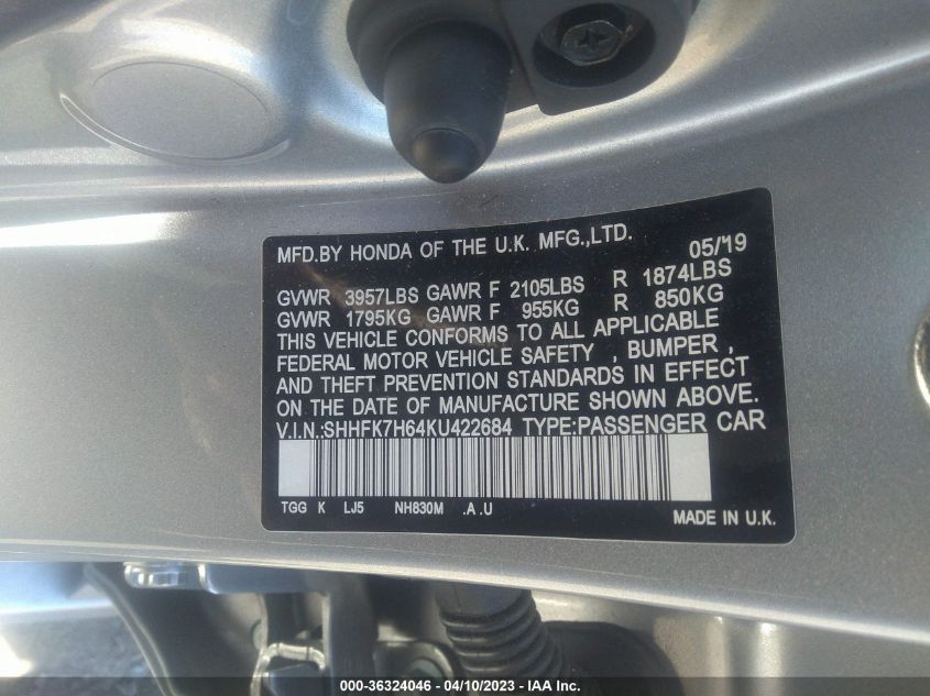 2019 HONDA CIVIC HATCHBACK EX - SHHFK7H64KU422684