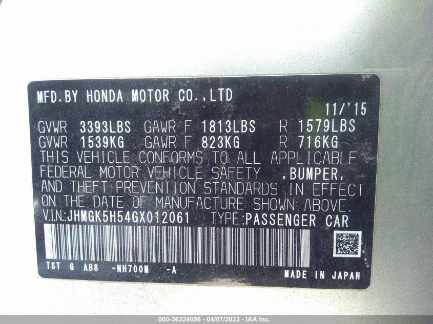 2016 HONDA FIT LX - JHMGK5H54GX012061
