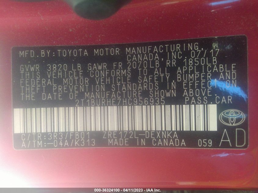 2017 TOYOTA COROLLA L/LE/XLE/SE - 2T1BURHE7HC956935