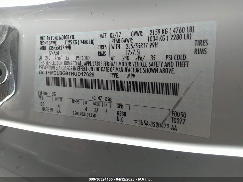 VIN 1FMCU0G91HUD17629 2017 FORD ESCAPE SE
