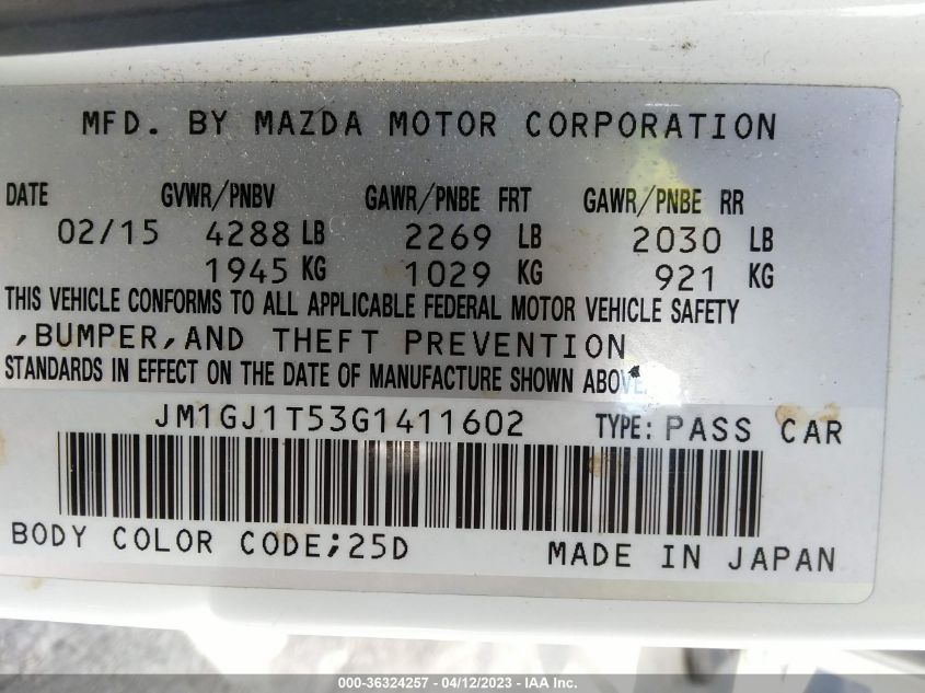 2016 MAZDA MAZDA6 I TOURING - JM1GJ1T53G1411602