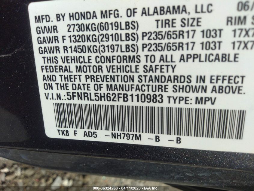 2015 HONDA ODYSSEY EX-L - 5FNRL5H62FB110983