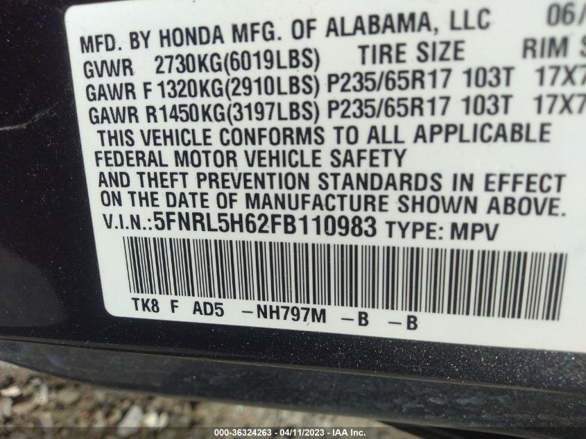 VIN 5FNRL5H62FB110983 2015 HONDA ODYSSEY no.9