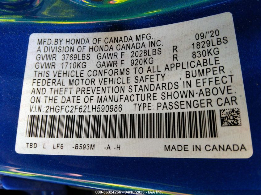 2020 HONDA CIVIC SEDAN LX - 2HGFC2F62LH590986