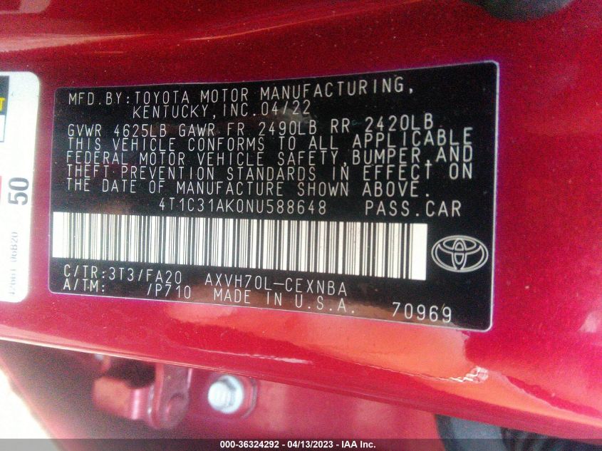 2022 TOYOTA CAMRY HYBRID LE - 4T1C31AK0NU588648