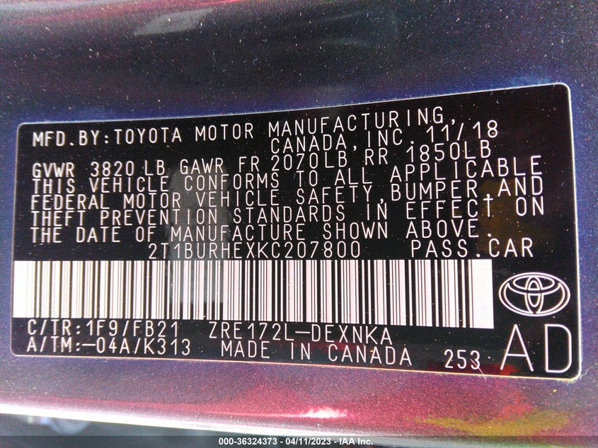VIN 2T1BURHEXKC207800 2019 TOYOTA COROLLA L/LE/SE/XLE/XSE