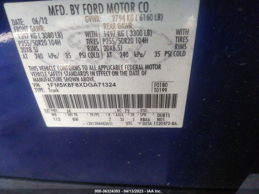 2013 FORD EXPLORER LIMITED - 1FM5K8F8XDGA71324