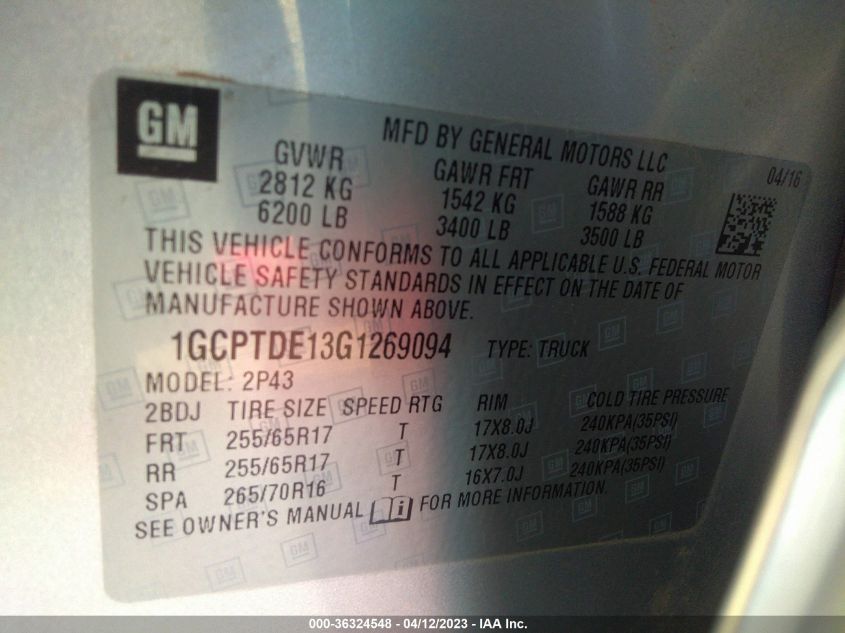 2016 CHEVROLET COLORADO 4WD Z71 - 1GCPTDE13G1269094