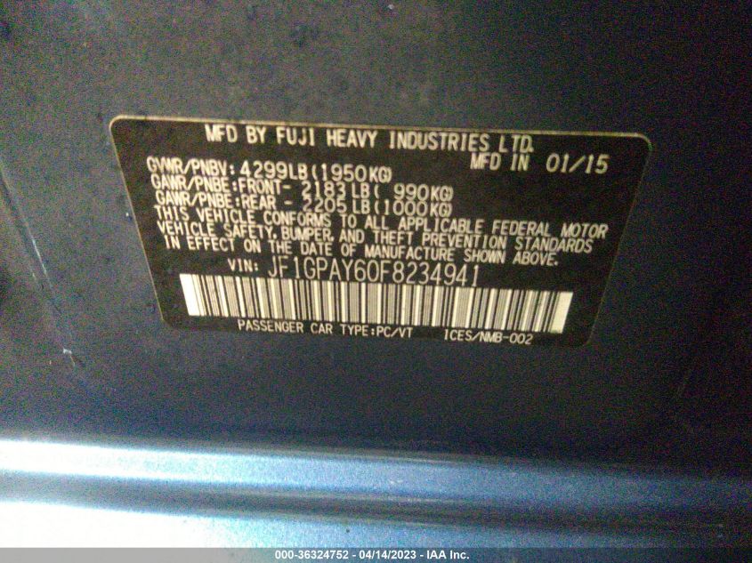 2015 SUBARU IMPREZA WAGON 2.0I SPORT PREMIUM - JF1GPAY60F8234941