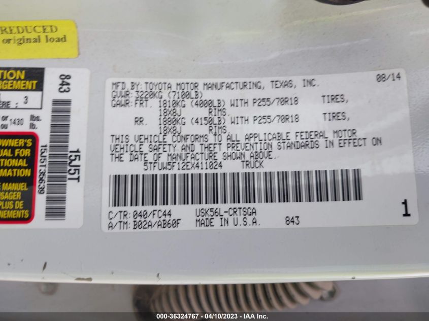 2014 TOYOTA TUNDRA 4WD TRUCK SR/SR5 - 5TFUW5F12EX411024