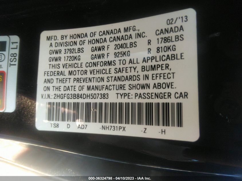 2013 HONDA CIVIC CPE EX 2HGFG3B84DH507383