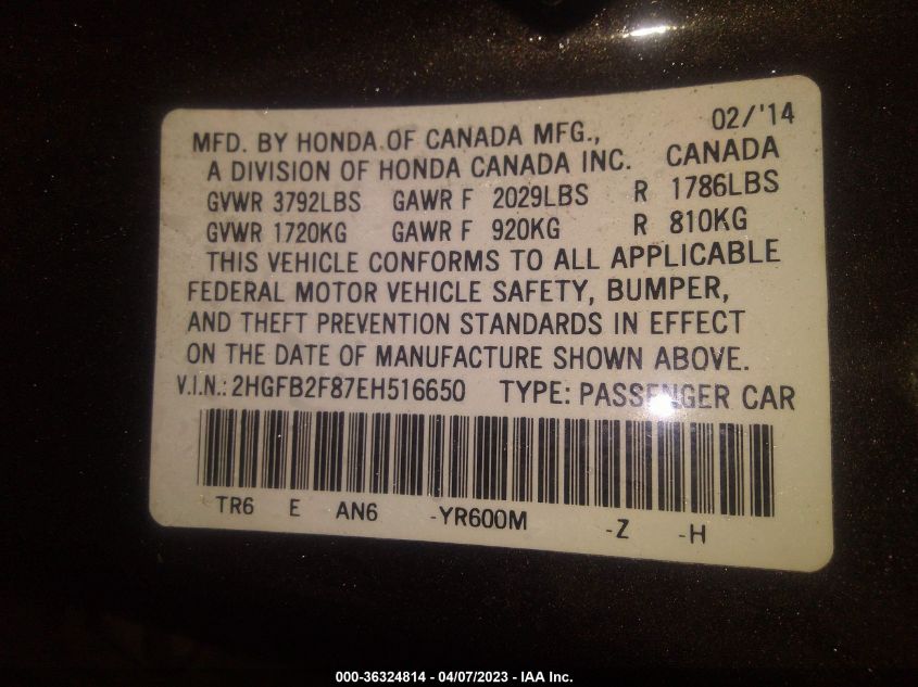 2014 HONDA CIVIC SEDAN EX - 2HGFB2F87EH516650