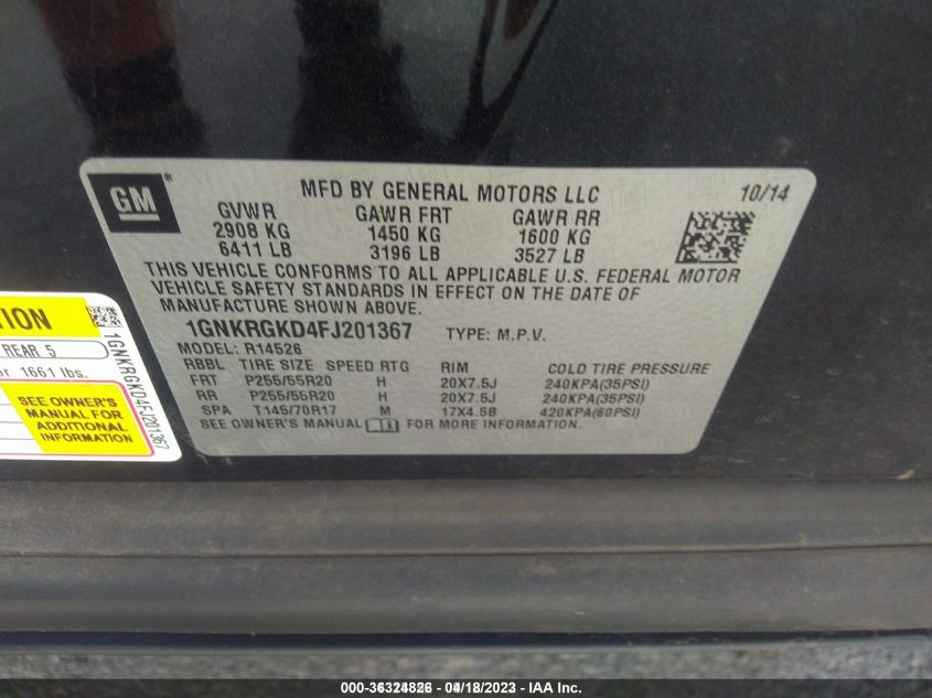 2015 CHEVROLET TRAVERSE LT - 1GNKRGKD4FJ201367