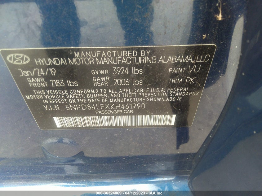 VIN 5NPD84LFXKH461990 2019 HYUNDAI ELANTRA SEL