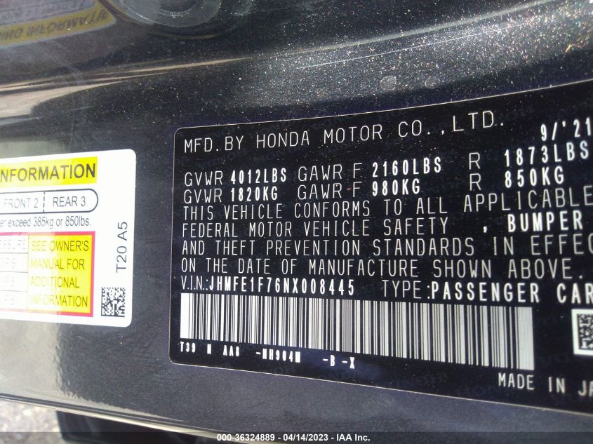 2022 HONDA CIVIC SEDAN EX - JHMFE1F76NX008445