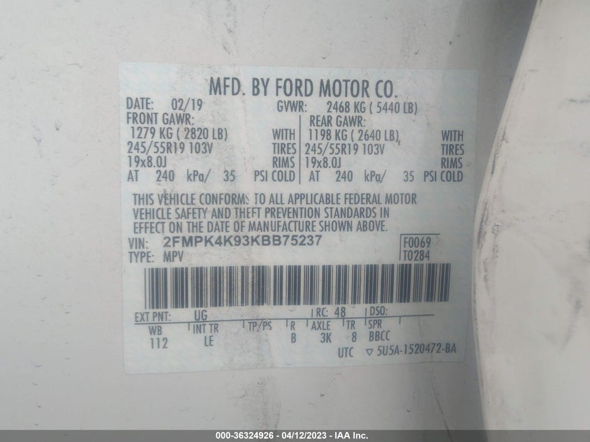 VIN 2FMPK4K93KBB75237 2019 FORD EDGE TITANIUM