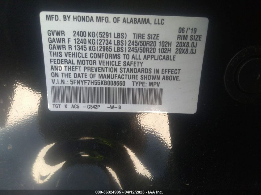 2019 HONDA PASSPORT EX-L 5FNYF7H55KB008660
