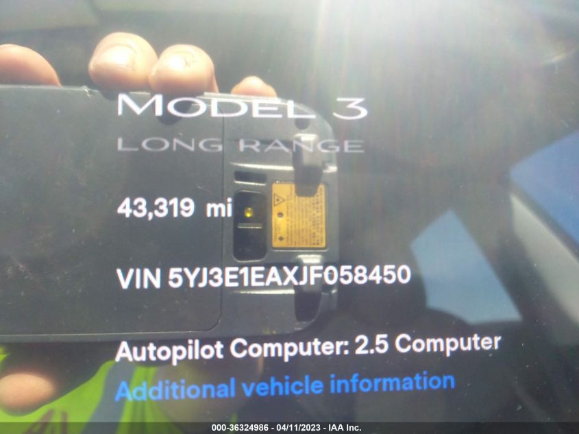 2018 TESLA MODEL 3 RANGE BATTERY - 5YJ3E1EAXJF058450