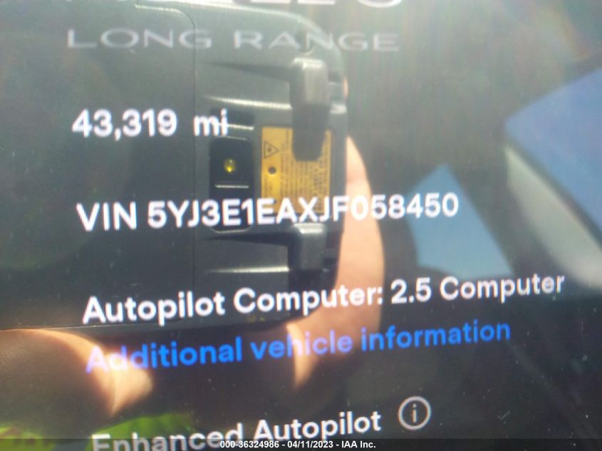 2018 TESLA MODEL 3 RANGE BATTERY - 5YJ3E1EAXJF058450