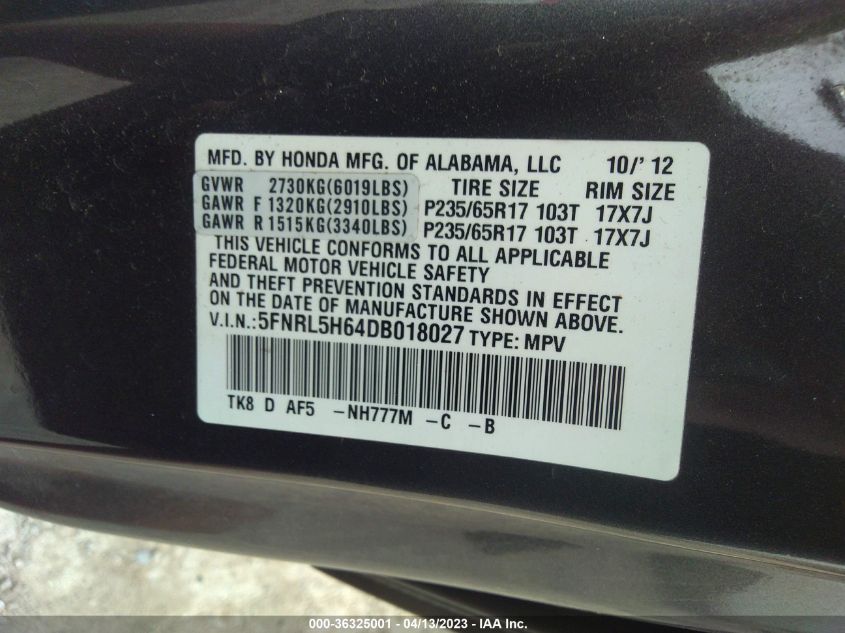 VIN 5FNRL5H64DB018027 2013 HONDA ODYSSEY no.9